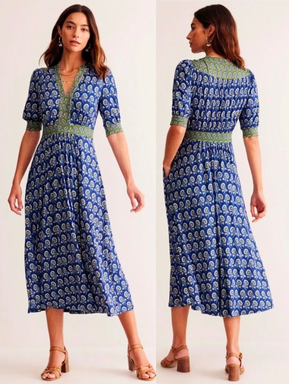 BODEN Blue Spring Green Lily Jersey Midi Tea Dress